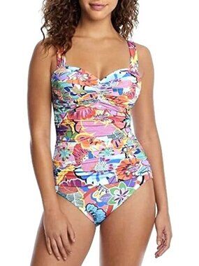 Bleu Rod Beattie Extra Bold One Piece Sz 12 Swimsuit Floral Shirred Underwire